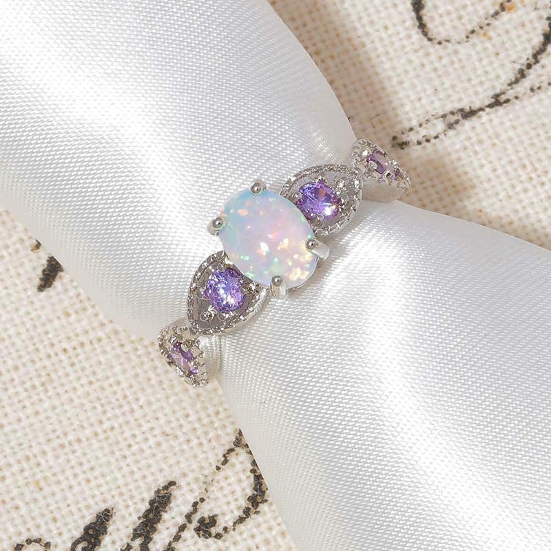 CiNily White Fire Opal Amethyst Ring Women Jewelry Gemstone Silver Plated Ring Size 7 - Image 5